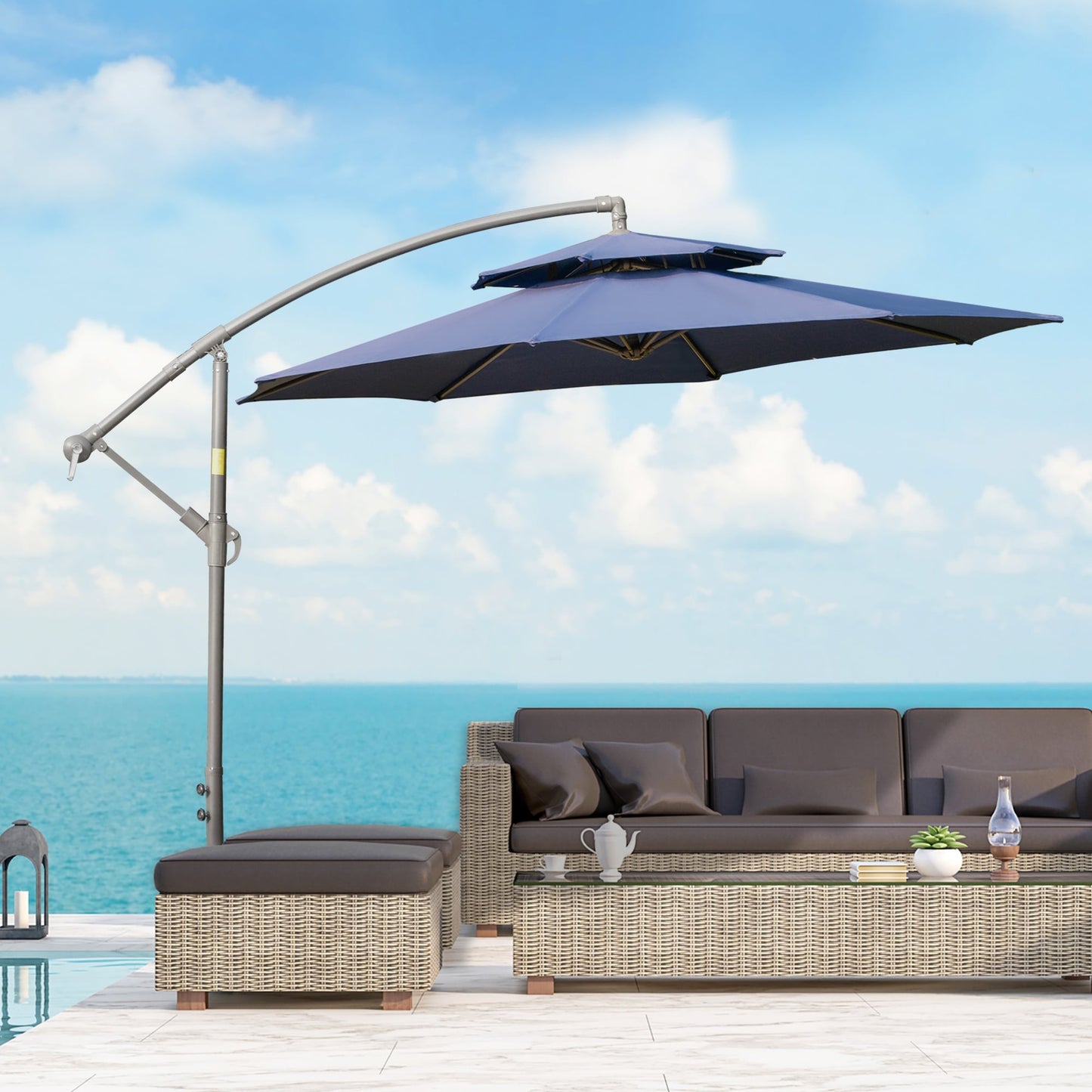 Outsunny 9' 2-Tier Cantilever Umbrella with Crank Handle, Cross Base and 8 Ribs, Garden Patio Offset Umbrella