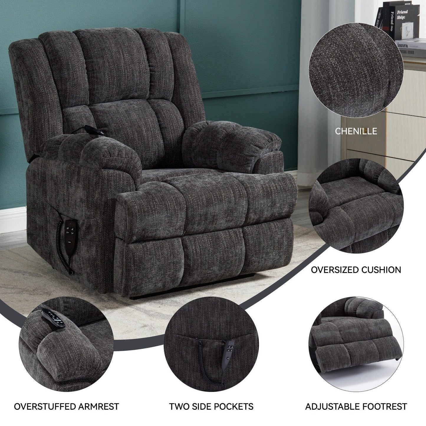 Fauteuil inclinable surélevé en chenille avec massage et chauffage lombaire, inclinaison infinie.