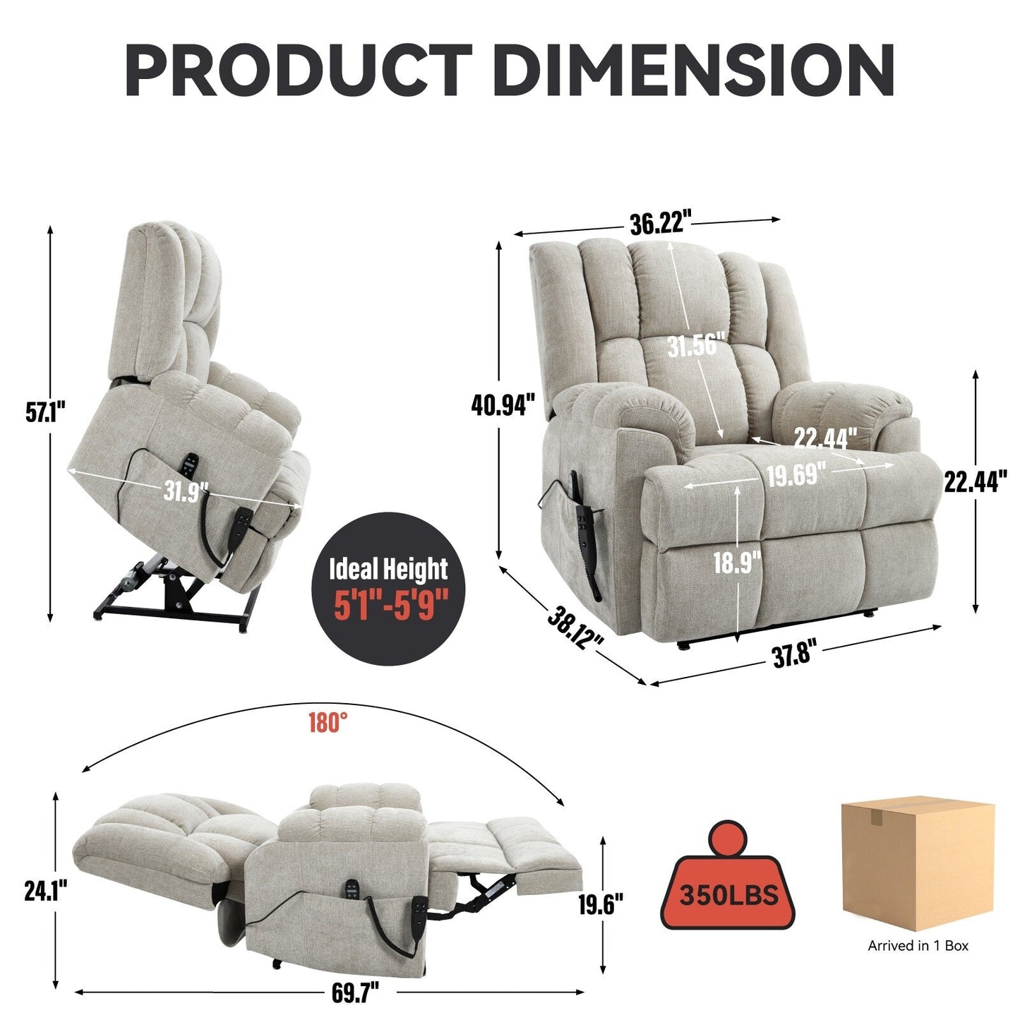 Fauteuil inclinable surélevé en chenille avec massage et chauffage lombaire, inclinaison infinie.