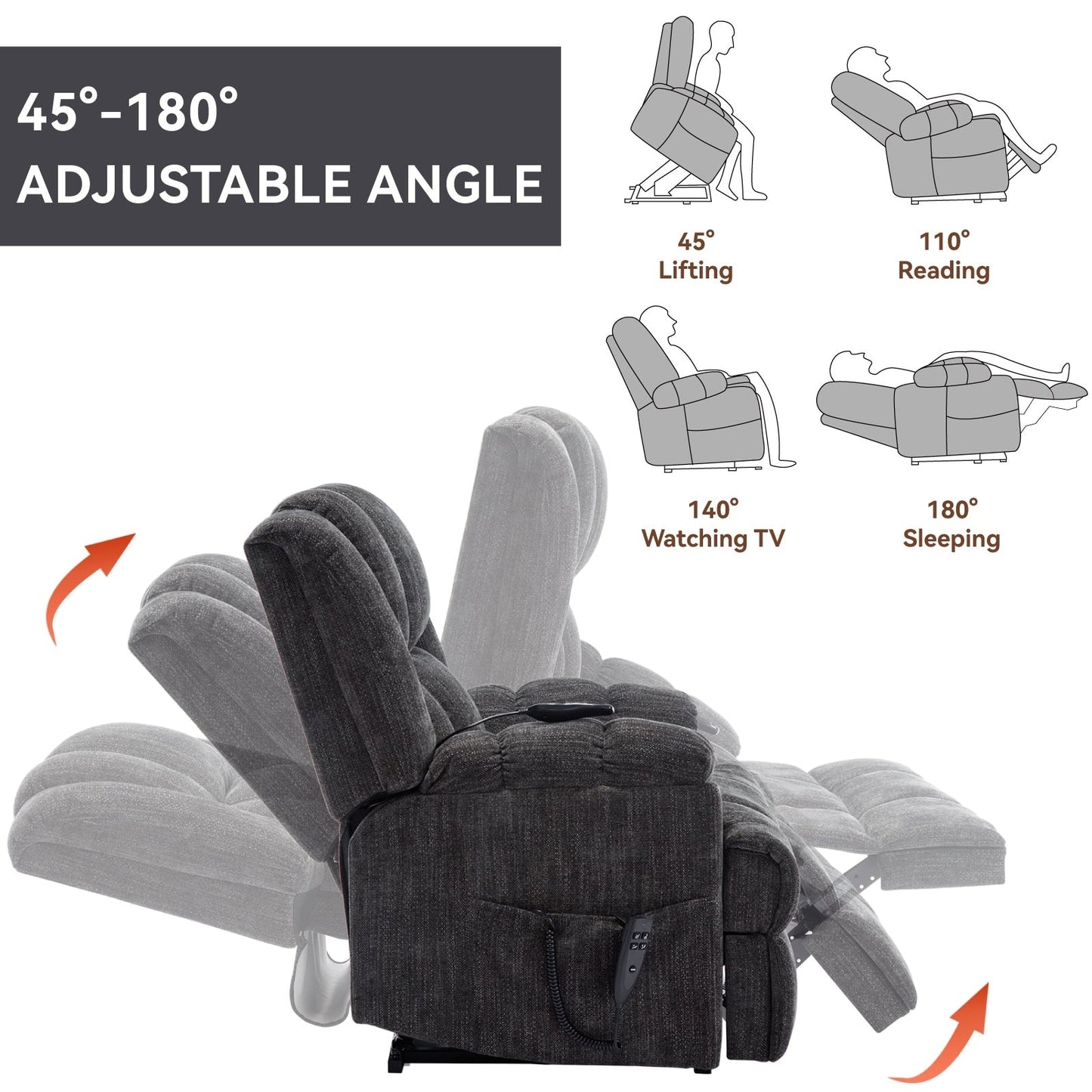Fauteuil inclinable surélevé en chenille avec massage et chauffage lombaire, inclinaison infinie.