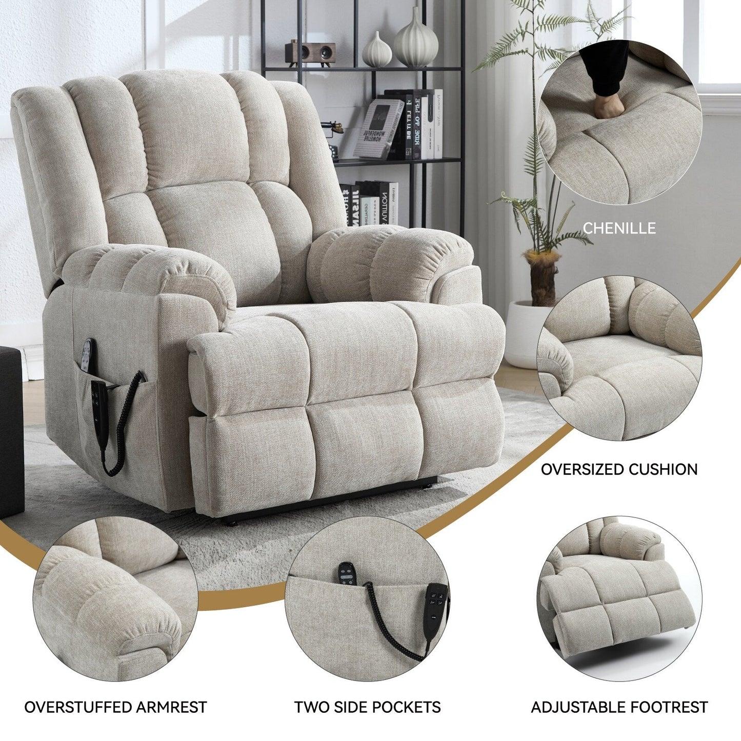 Fauteuil inclinable surélevé en chenille avec massage et chauffage lombaire, inclinaison infinie.