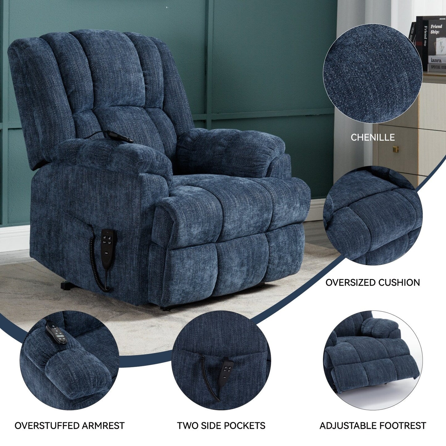 Fauteuil inclinable surélevé en chenille avec massage et chauffage lombaire, inclinaison infinie.