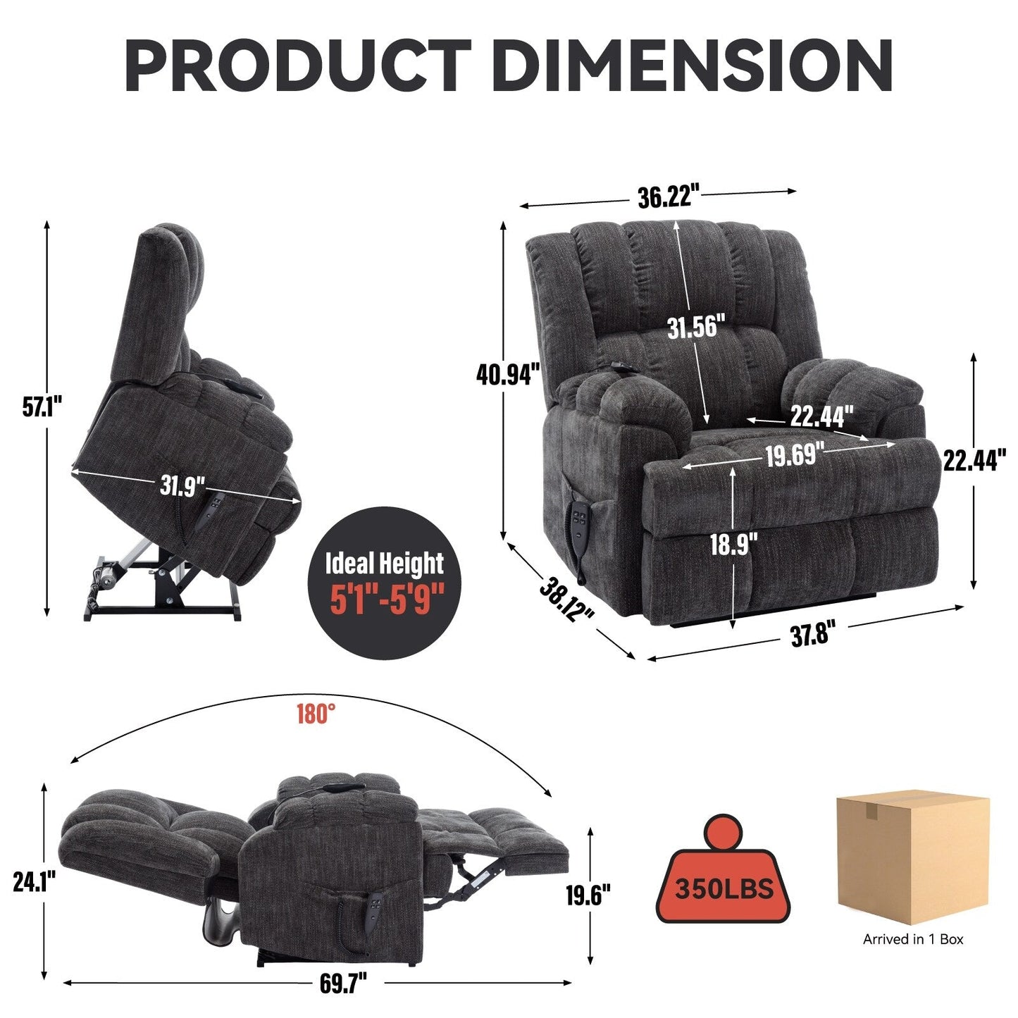 Fauteuil inclinable surélevé en chenille avec massage et chauffage lombaire, inclinaison infinie.