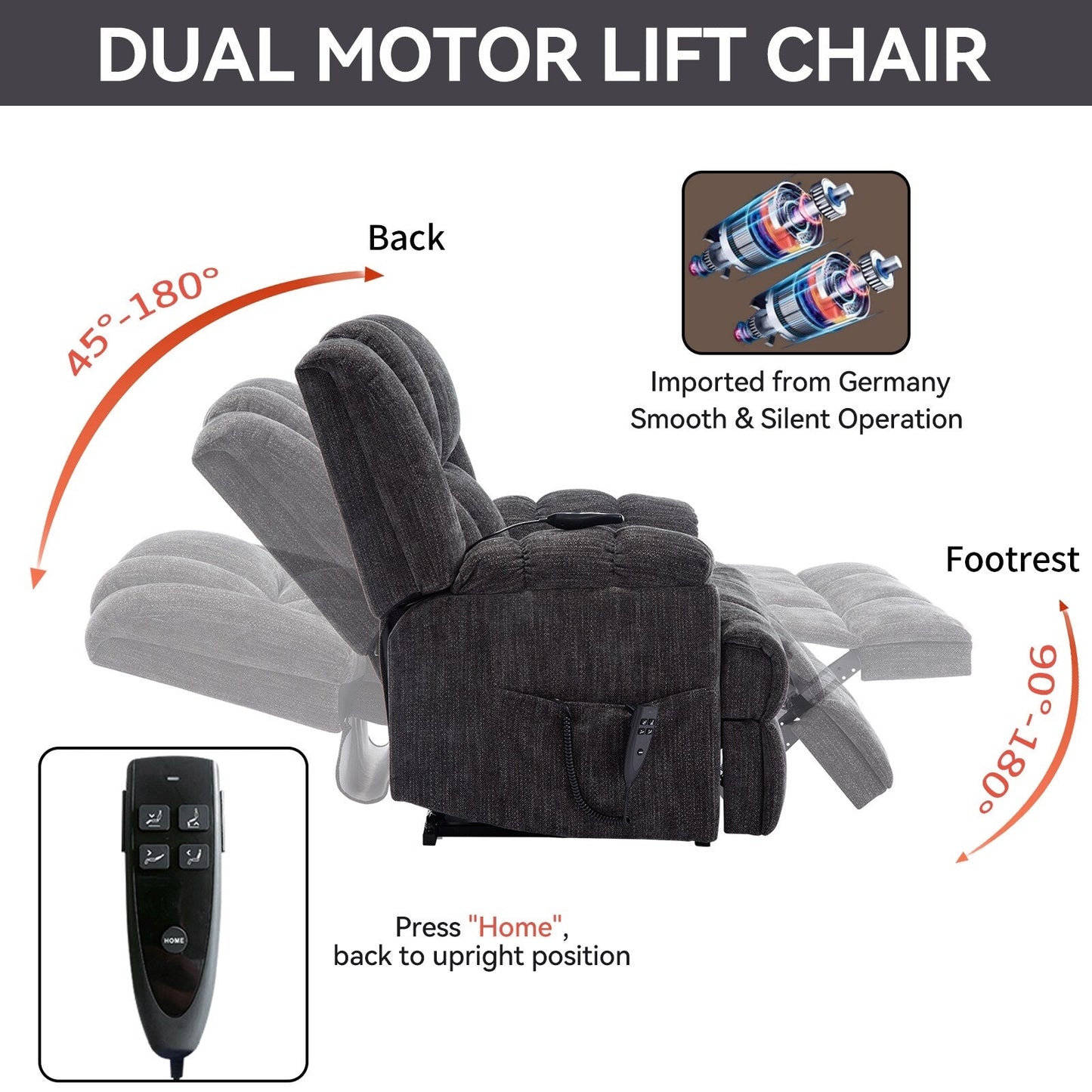 Fauteuil inclinable surélevé en chenille avec massage et chauffage lombaire, inclinaison infinie.