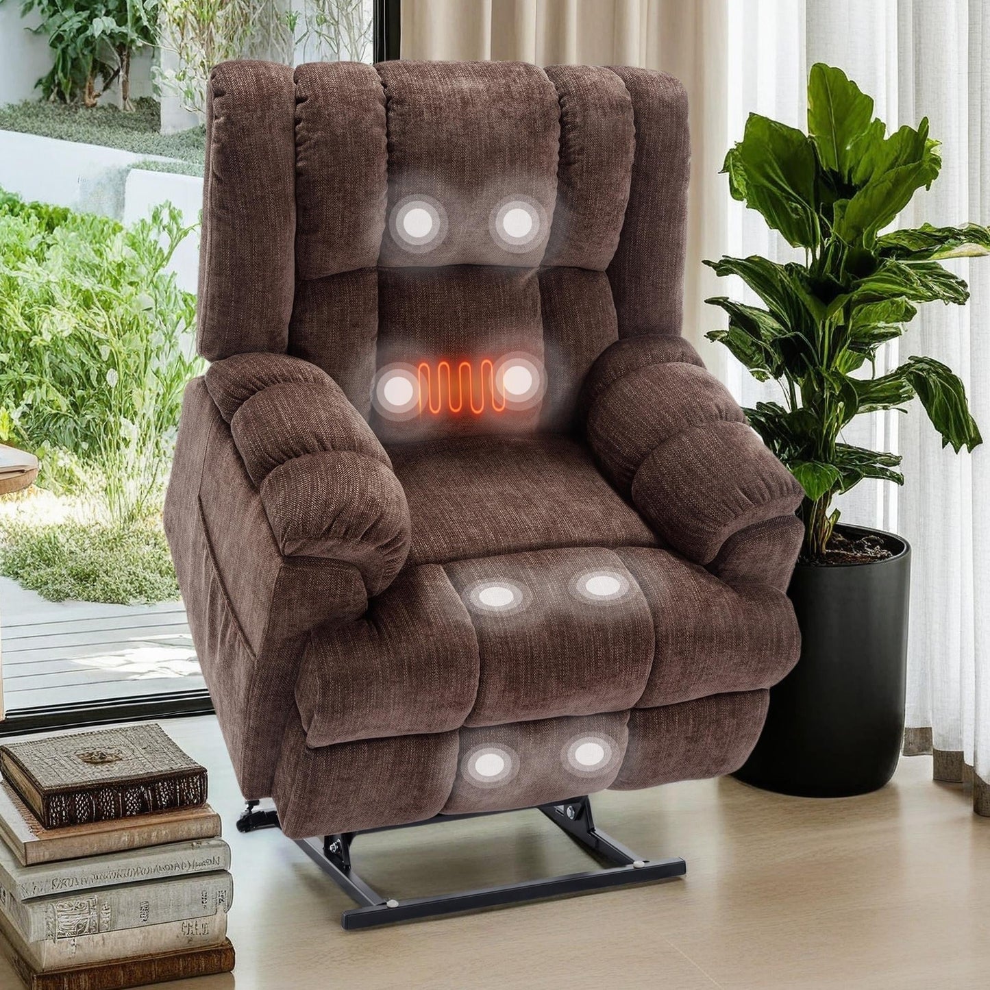 Fauteuil inclinable surélevé en chenille avec massage et chauffage lombaire, inclinaison infinie.