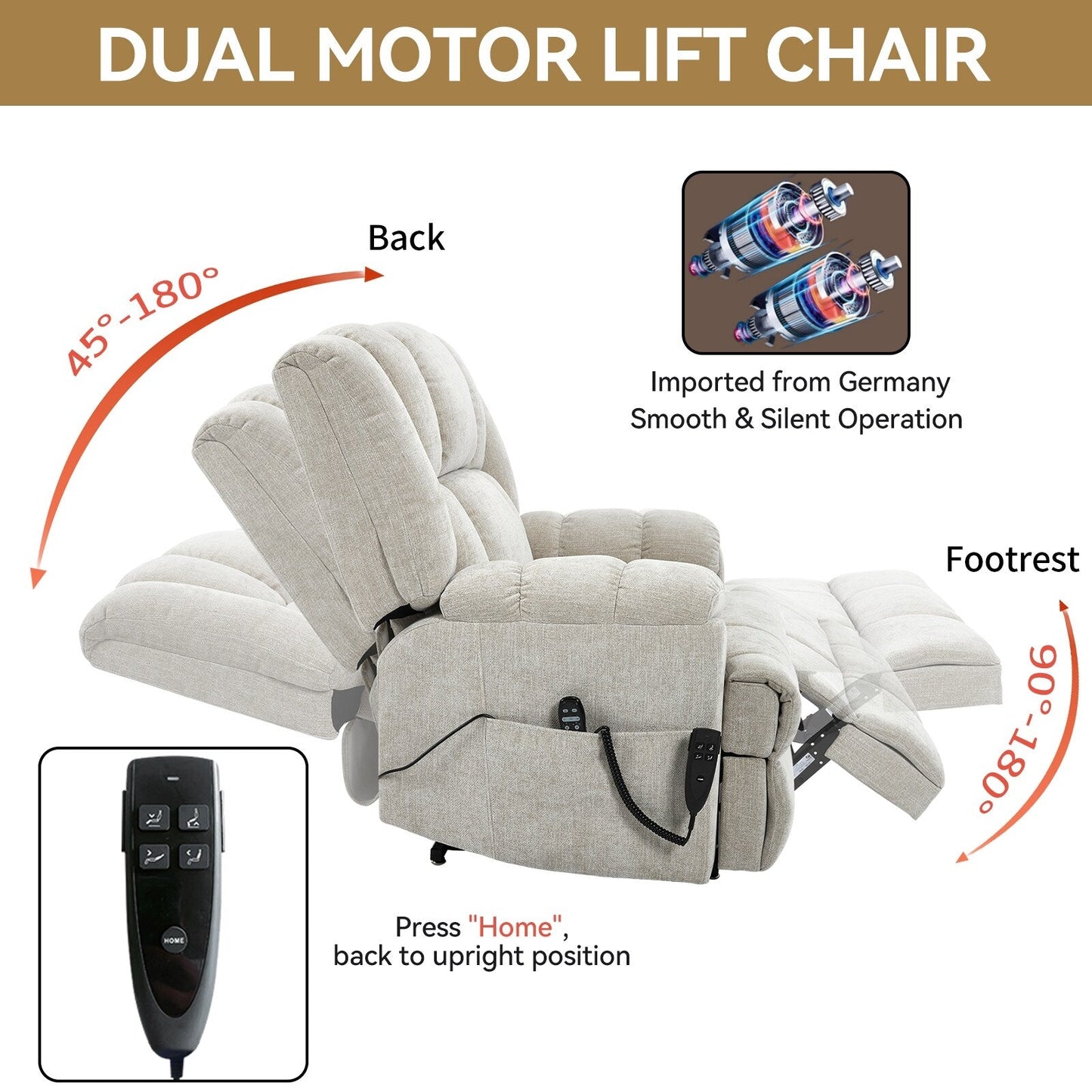 Fauteuil inclinable surélevé en chenille avec massage et chauffage lombaire, inclinaison infinie.