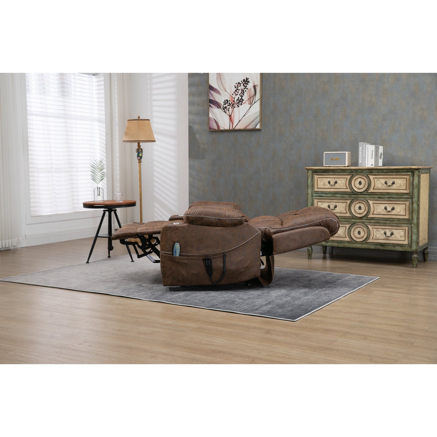 Fauteuil inclinable surélevé en cuir PU avec massage, chauffage lombaire, porte-gobelets, et dossier inclinable à 180°