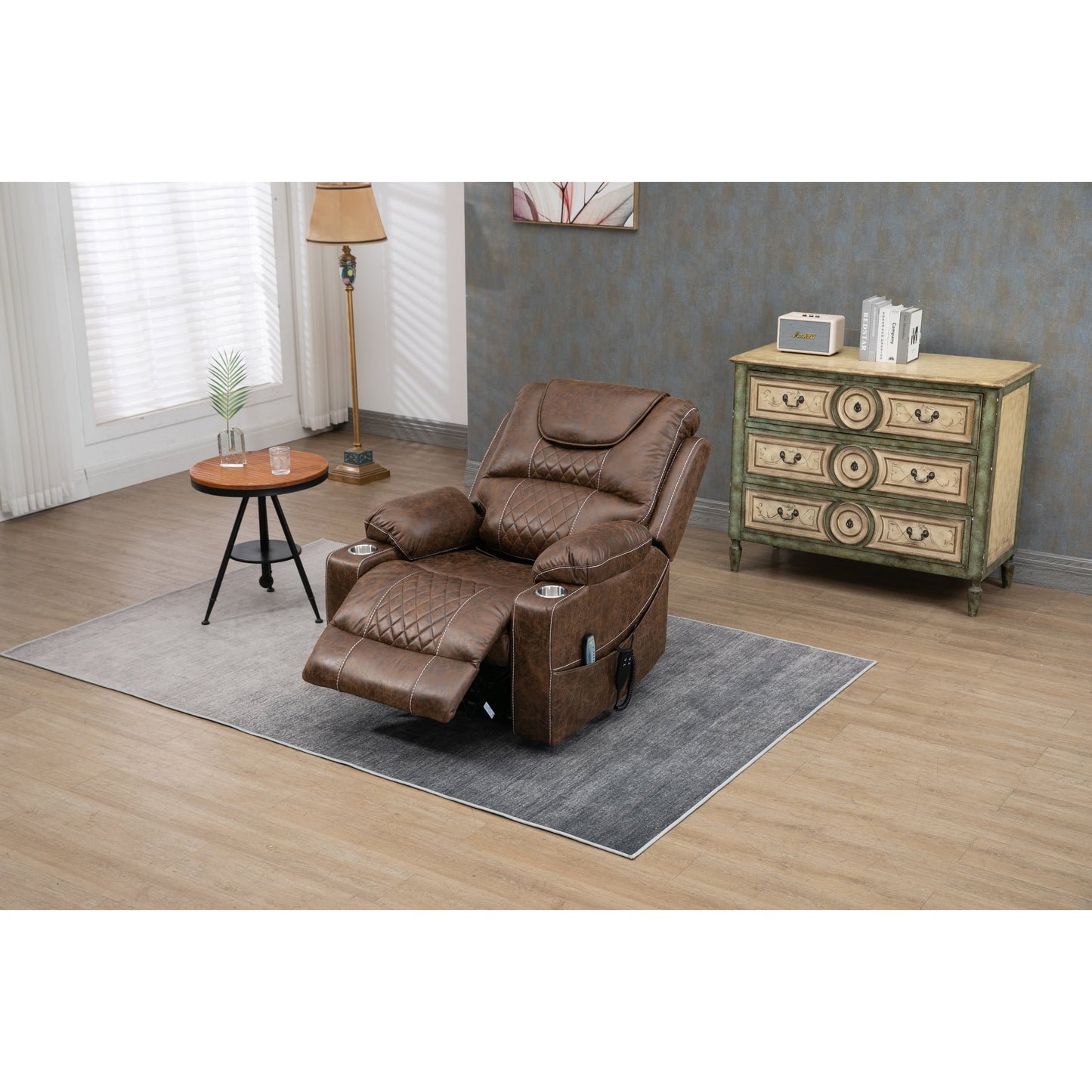 Fauteuil inclinable surélevé en cuir PU avec massage, chauffage lombaire, porte-gobelets, et dossier inclinable à 180°