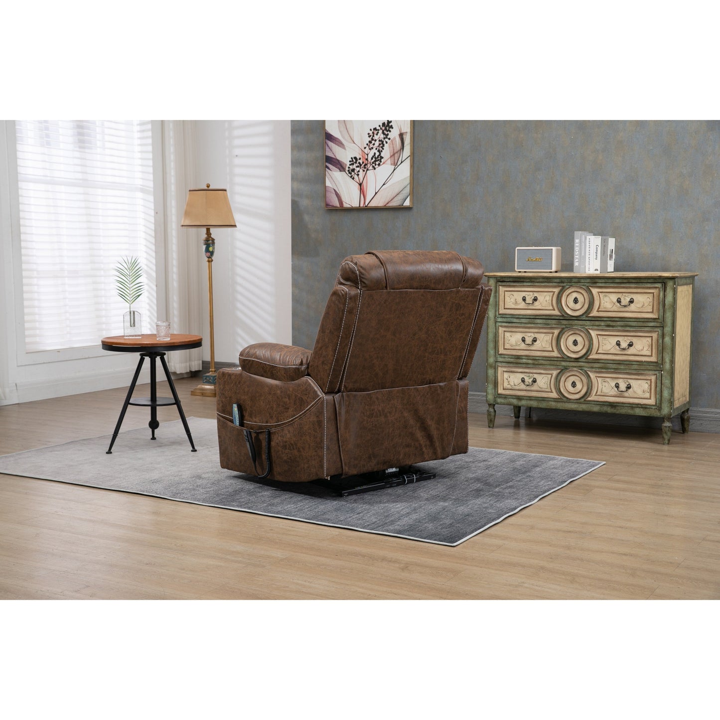 Fauteuil inclinable surélevé en cuir PU avec massage, chauffage lombaire, porte-gobelets, et dossier inclinable à 180°