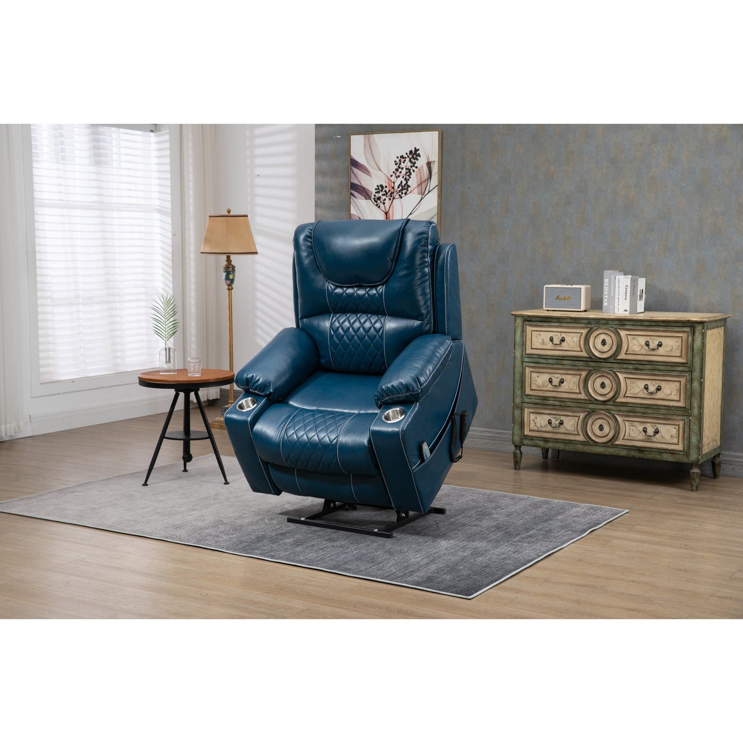 Fauteuil inclinable surélevé en cuir PU avec massage, chauffage lombaire, porte-gobelets, et dossier inclinable à 180°