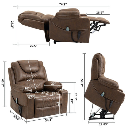 Fauteuil inclinable surélevé en cuir PU avec massage, chauffage lombaire, porte-gobelets, et dossier inclinable à 180°