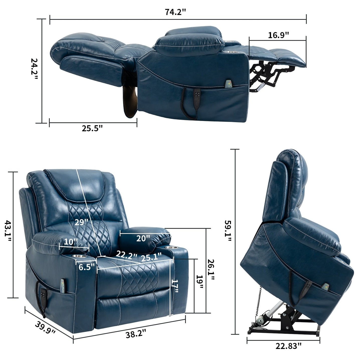 Fauteuil inclinable surélevé en cuir PU avec massage, chauffage lombaire, porte-gobelets, et dossier inclinable à 180°