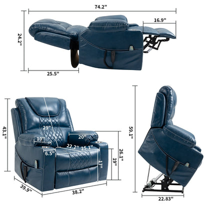 Fauteuil inclinable surélevé en cuir PU avec massage, chauffage lombaire, porte-gobelets, et dossier inclinable à 180°