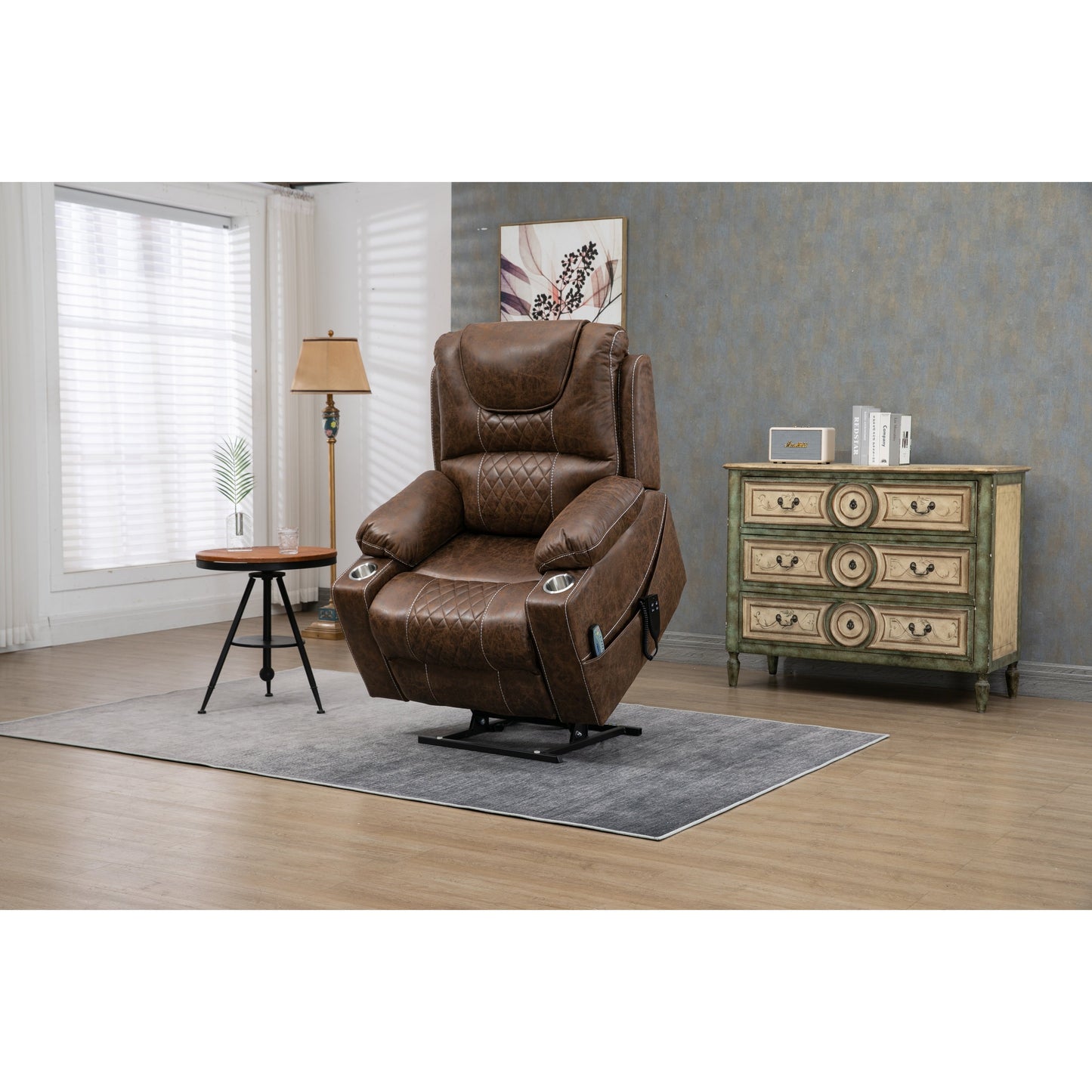 Fauteuil inclinable surélevé en cuir PU avec massage, chauffage lombaire, porte-gobelets, et dossier inclinable à 180°