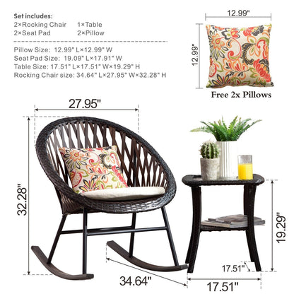 OVIOS Ensemble Bistro 3 pièces pour Patio avec Fauteuils Berçaux et Table Basse en Verre