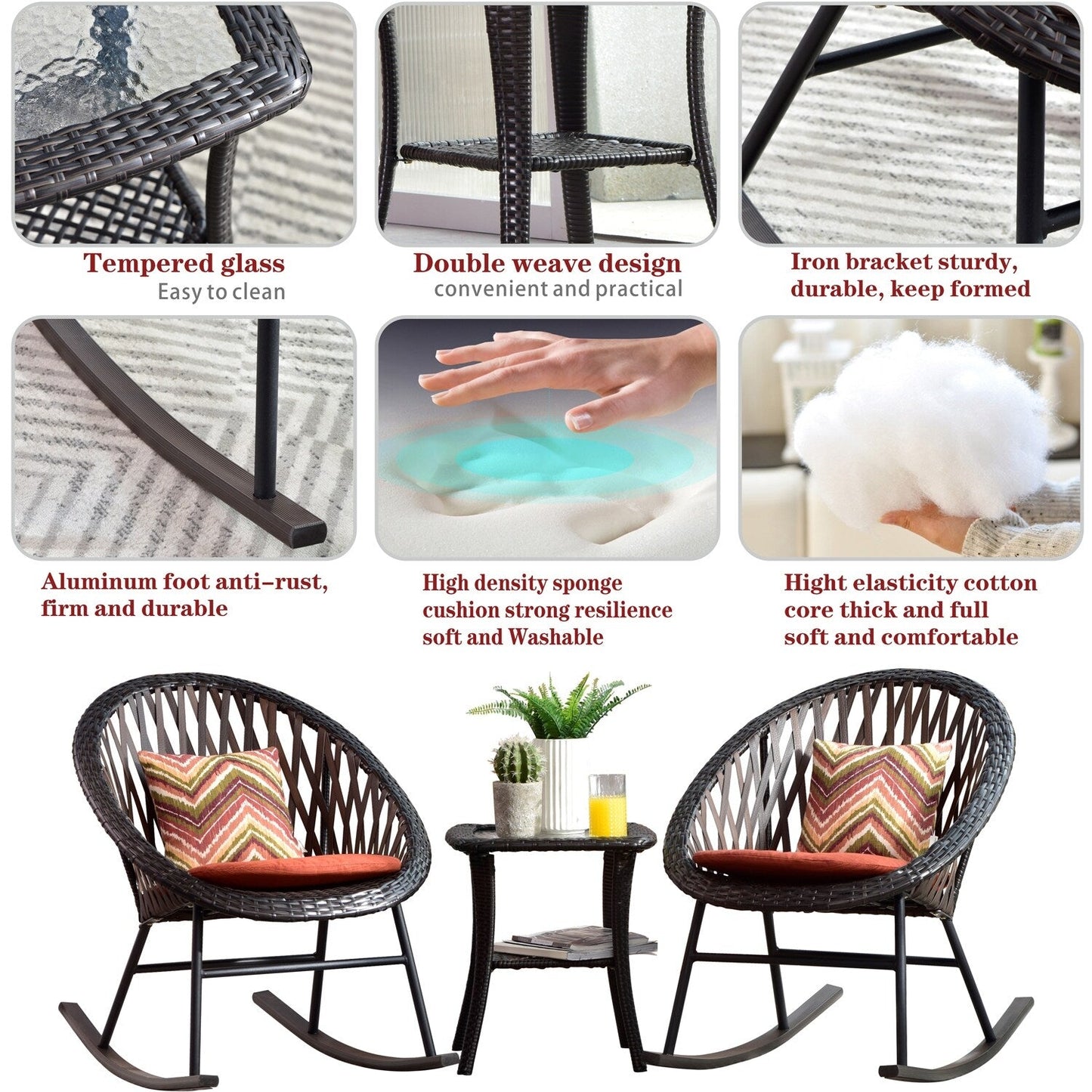 OVIOS Ensemble Bistro 3 pièces pour Patio avec Fauteuils Berçaux et Table Basse en Verre