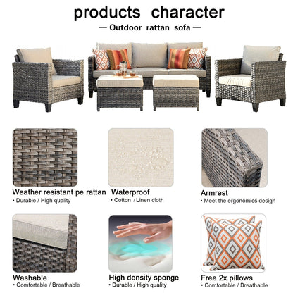 OVIOS Ensemble de meubles de jardin en osier pour extérieur, 5 pièces, avec dossier haut.