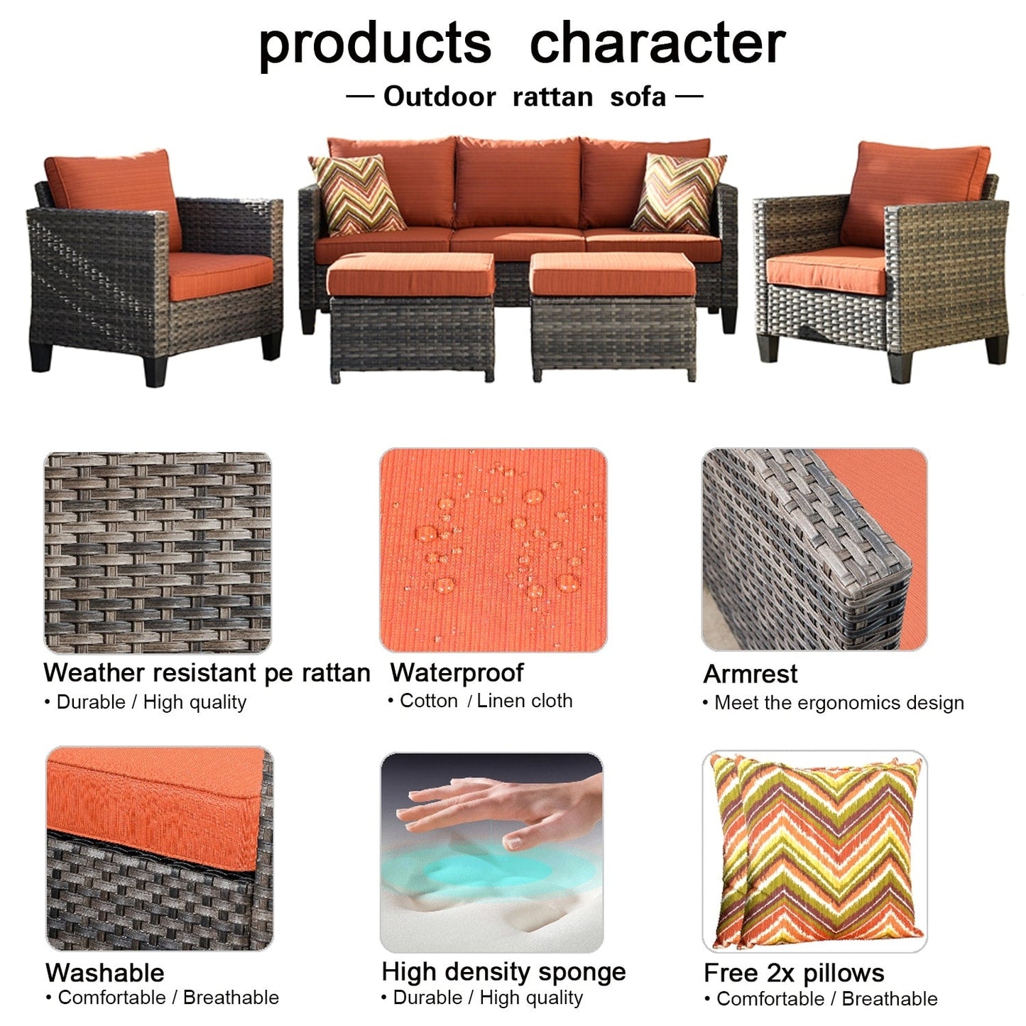 OVIOS Ensemble de meubles de jardin en osier pour extérieur, 5 pièces, avec dossier haut.