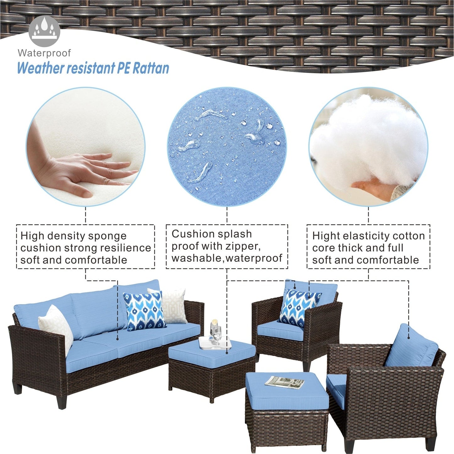 OVIOS Ensemble de meubles de jardin en osier pour extérieur, 5 pièces, avec dossier haut.