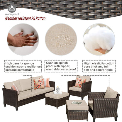 OVIOS Ensemble de meubles de jardin en osier pour extérieur, 5 pièces, avec dossier haut.