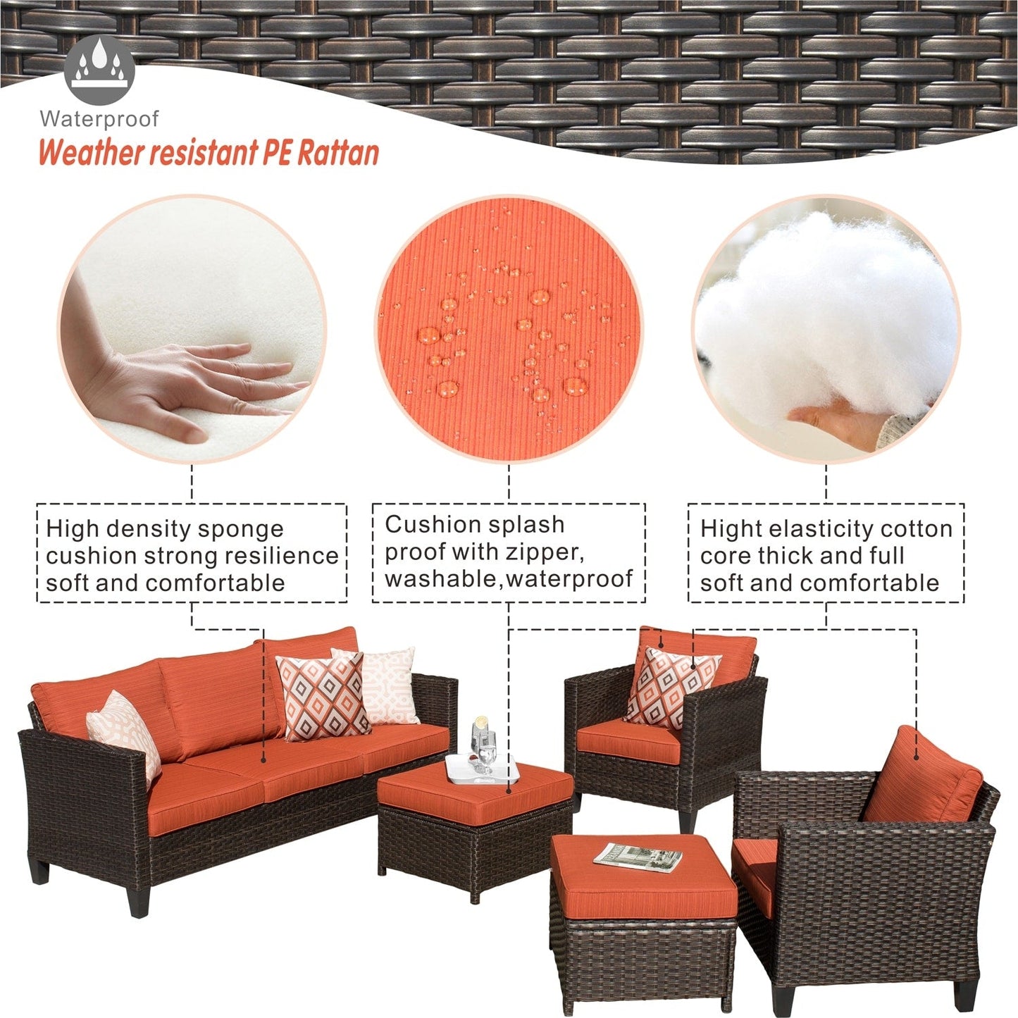 OVIOS Ensemble de meubles de jardin en osier pour extérieur, 5 pièces, avec dossier haut.