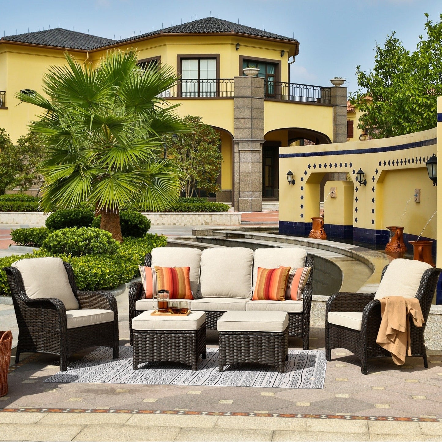 Ensemble de conversation OVIOS pour patio, 5 pièces, en osier, dossier haut.