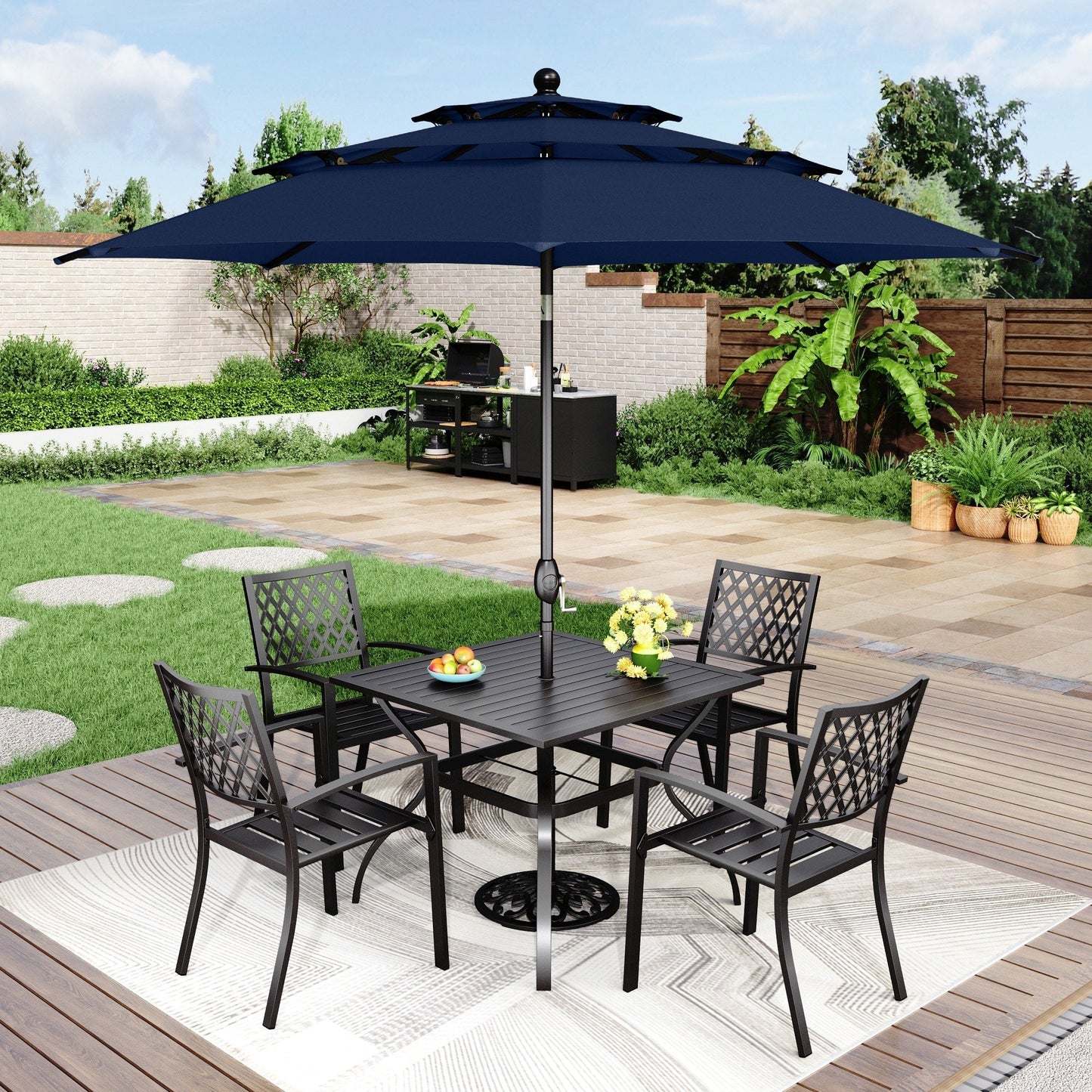 Ensemble de repas de patio MAISON ARTS 6 pièces avec parasol inclinable automatique à 3 niveaux de 10 pieds : 4 chaises de jardin en métal, 1 table de salle à manger carrée en métal