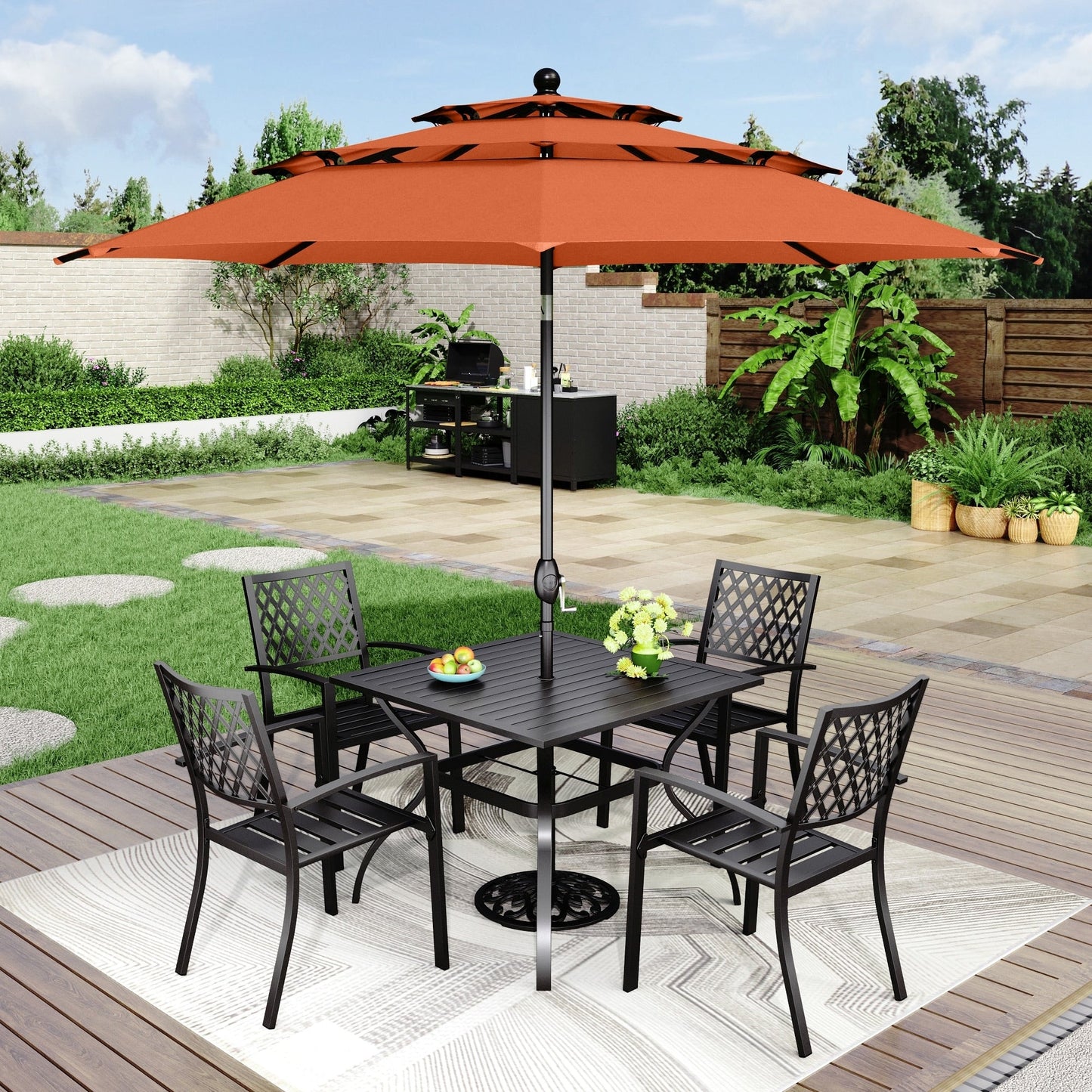 Ensemble de repas de patio MAISON ARTS 6 pièces avec parasol inclinable automatique à 3 niveaux de 10 pieds : 4 chaises de jardin en métal, 1 table de salle à manger carrée en métal