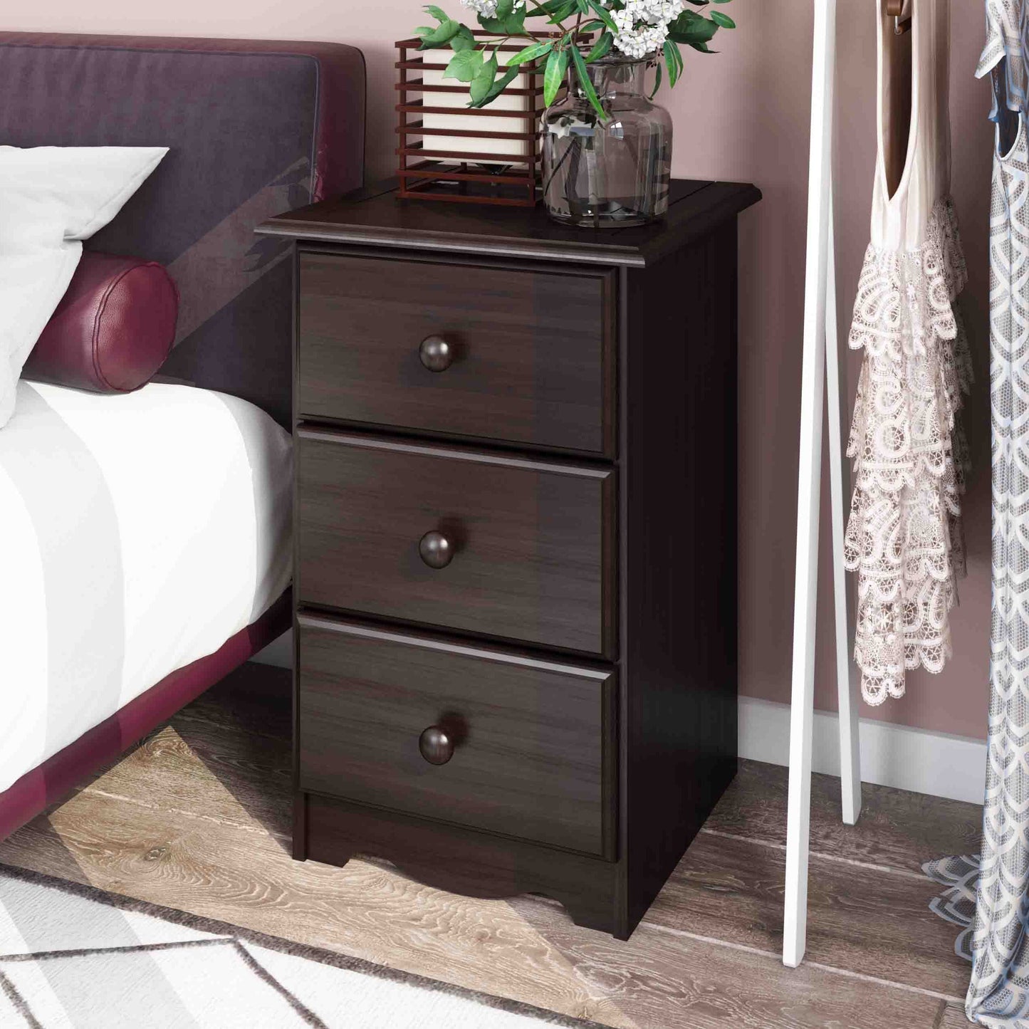 Palace Imports Table de chevet 3 tiroirs en bois massif 100 % avec poignées en métal ou en bois