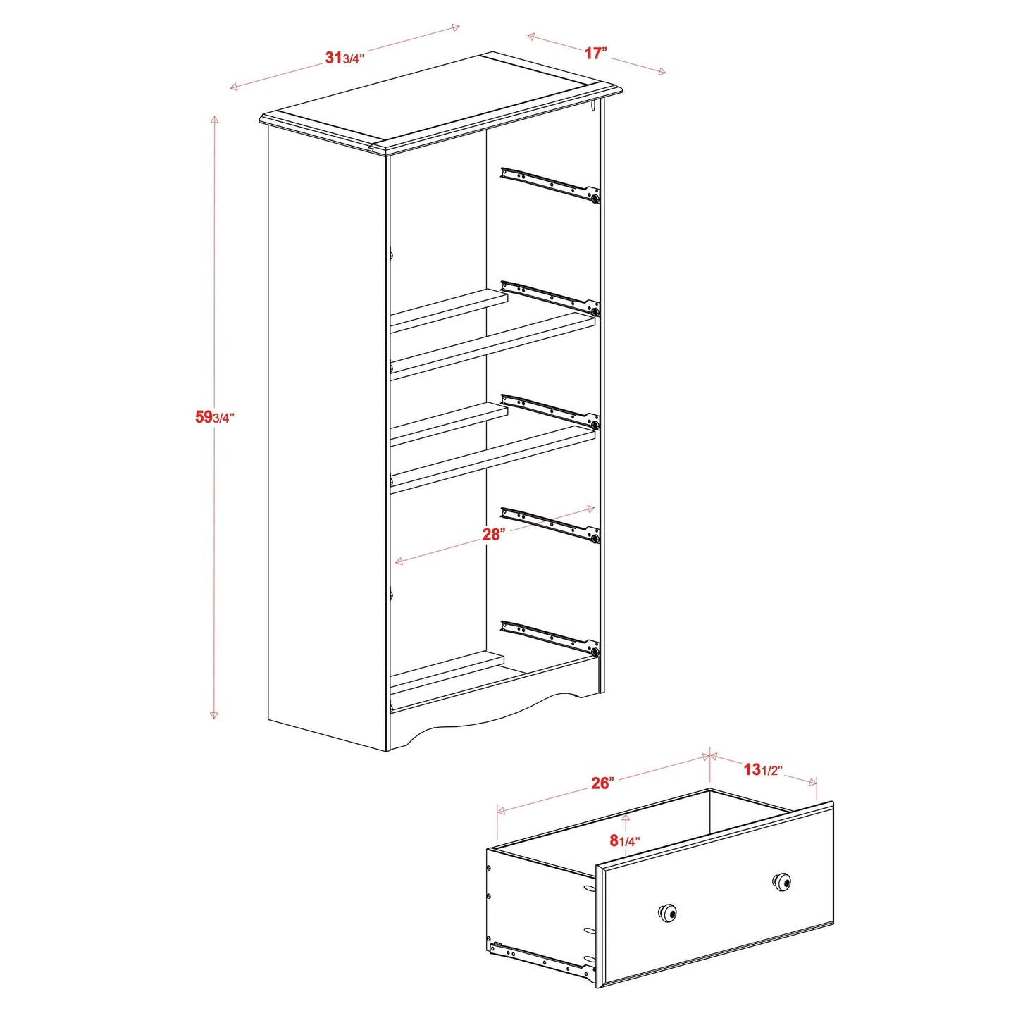 Palace Imports Coffre à 5 grands tiroirs en bois massif 100 %, avec serrure et poignées en métal ou en bois.