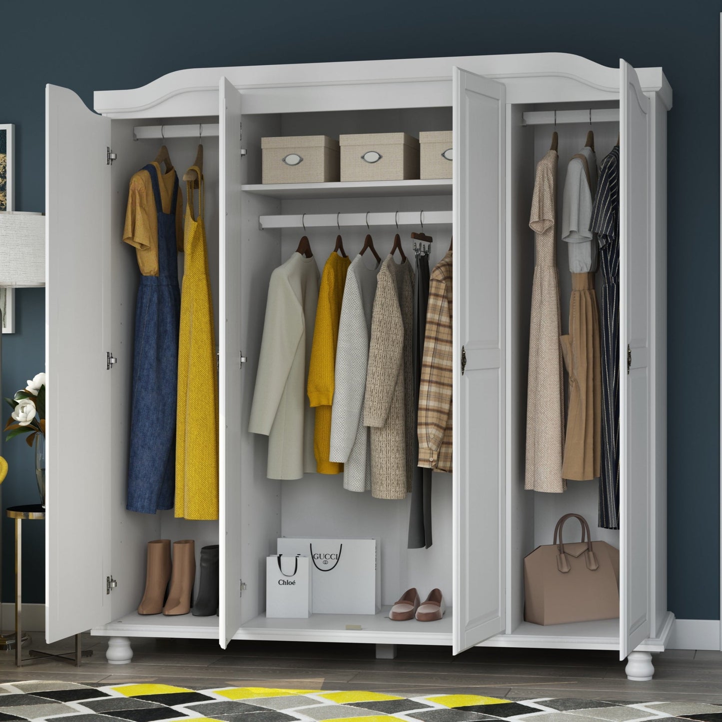 Palace Imports Armoire Kyle 4 portes en bois massif avec portes en bois massif ou en miroir