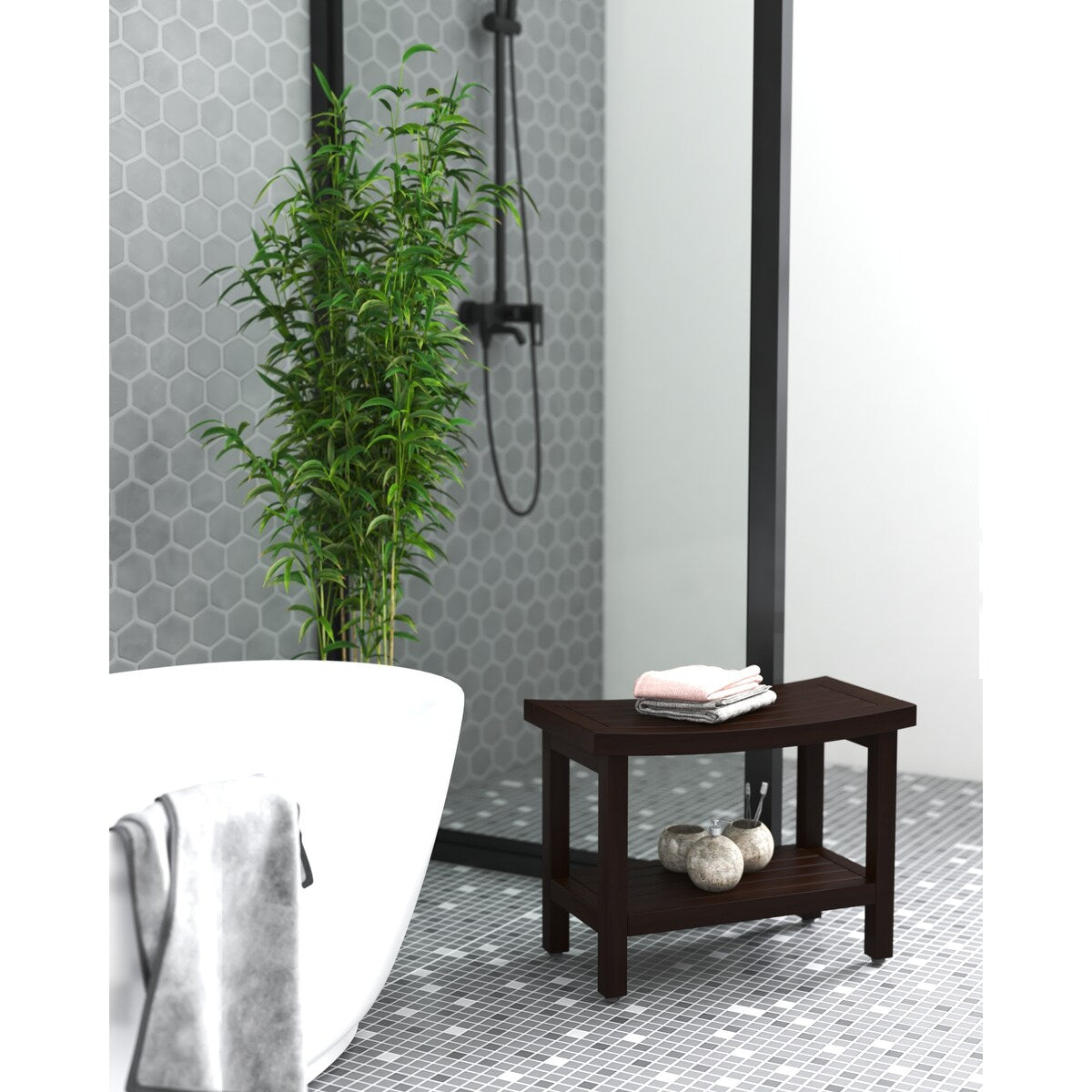 Banc de douche en teck Sumba avec étagère, breveté