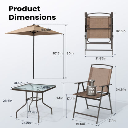 Ensemble de jardin 6 pièces Pellebant avec table, parasol et 4 chaises pliantes - 57x68x87cm (LxlxH)