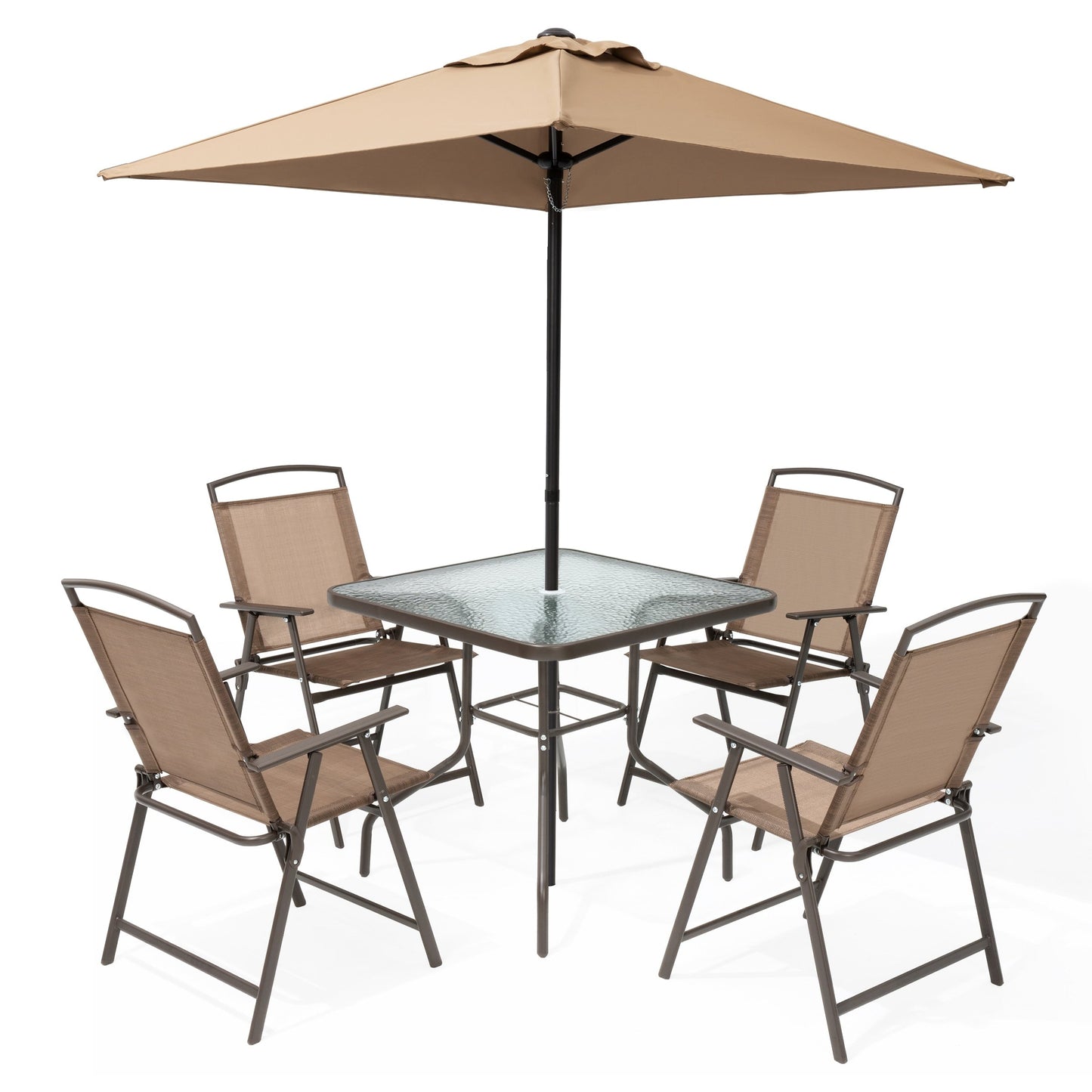 Ensemble de jardin 6 pièces Pellebant avec table, parasol et 4 chaises pliantes - 57x68x87cm (LxlxH)