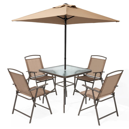 Ensemble de jardin 6 pièces Pellebant avec table, parasol et 4 chaises pliantes - 57x68x87cm (LxlxH)