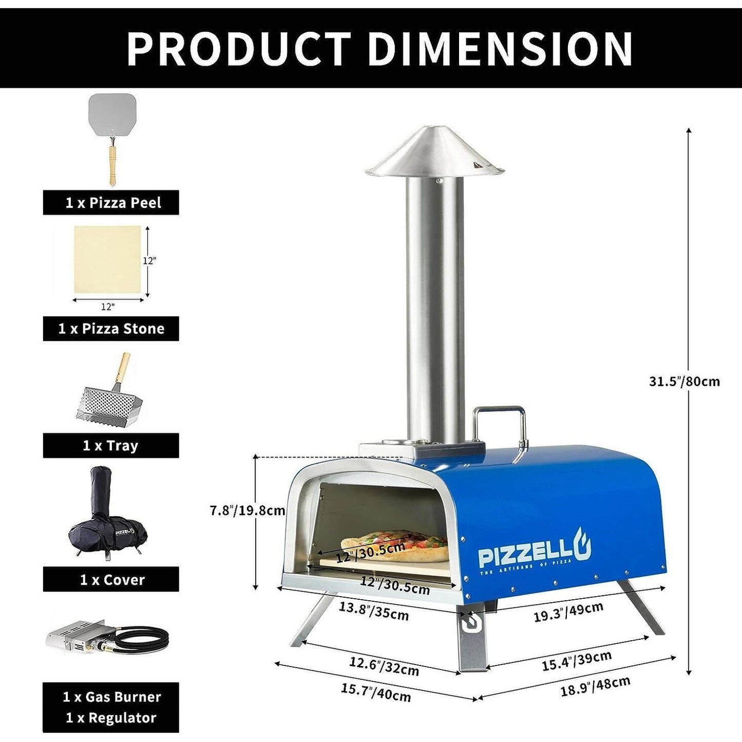Four à pizza extérieur multi-combustible, cuiseur à pizza sur pierre avec brûleur à gaz et foyer à bois - 12 pouces