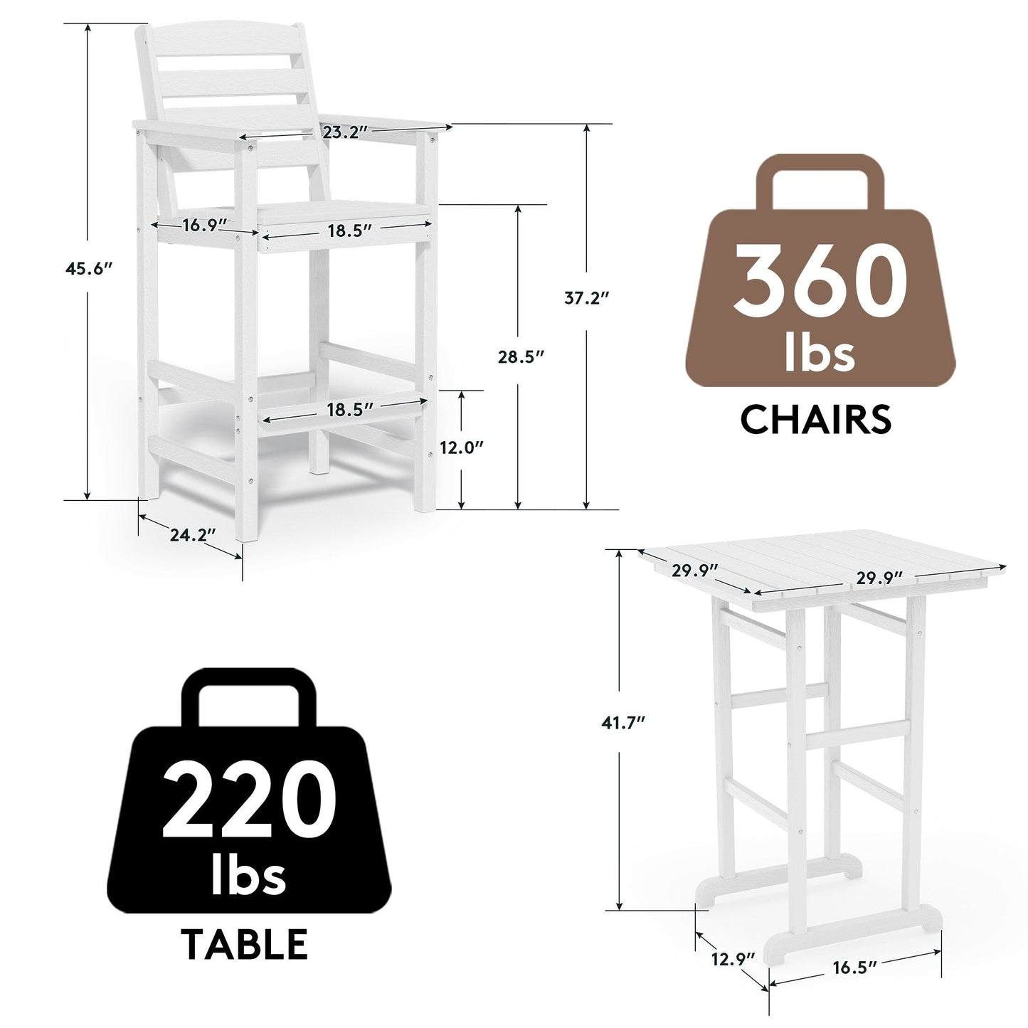 Ensemble de 3 chaises Adirondack hautes en plastique - Ensemble de conversation pour patio