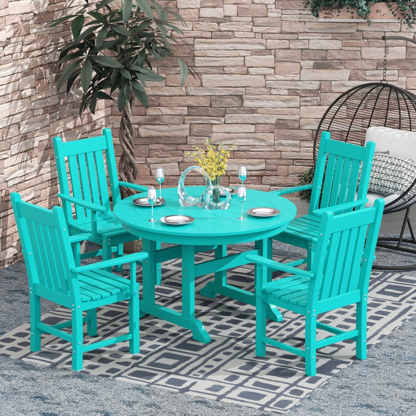 Ensemble de repas de jardin Polytrends Laguna en HDPE, résistant aux intempéries, avec table ronde et chaises à accoudoirs (ensemble de 5 pièces)