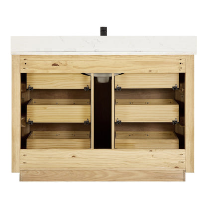 Meuble-lavabo Porto avec plan de travail en pierre de quartz blanche, sans miroir.