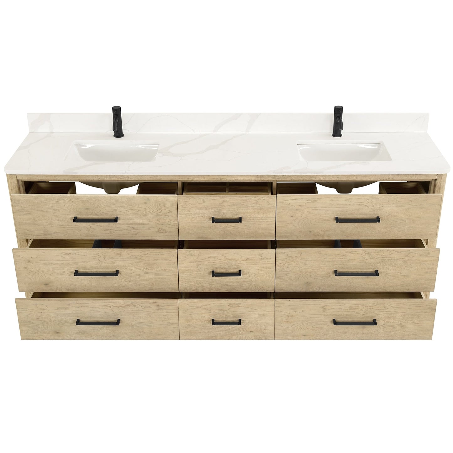 Meuble-lavabo Porto avec plan de travail en pierre de quartz blanche, sans miroir.