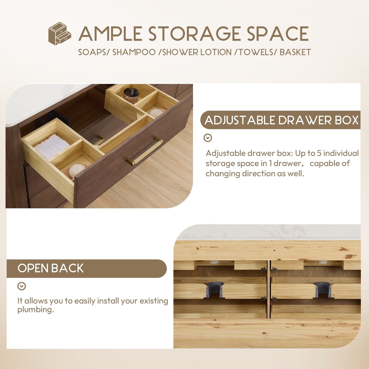 Meuble-lavabo Porto avec plan de travail en pierre de quartz blanche, sans miroir.