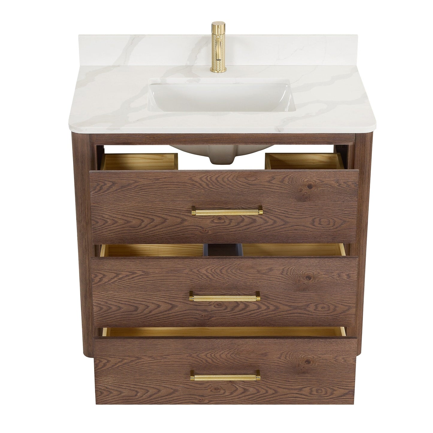 Meuble-lavabo Porto avec plan de travail en pierre de quartz blanche, sans miroir.