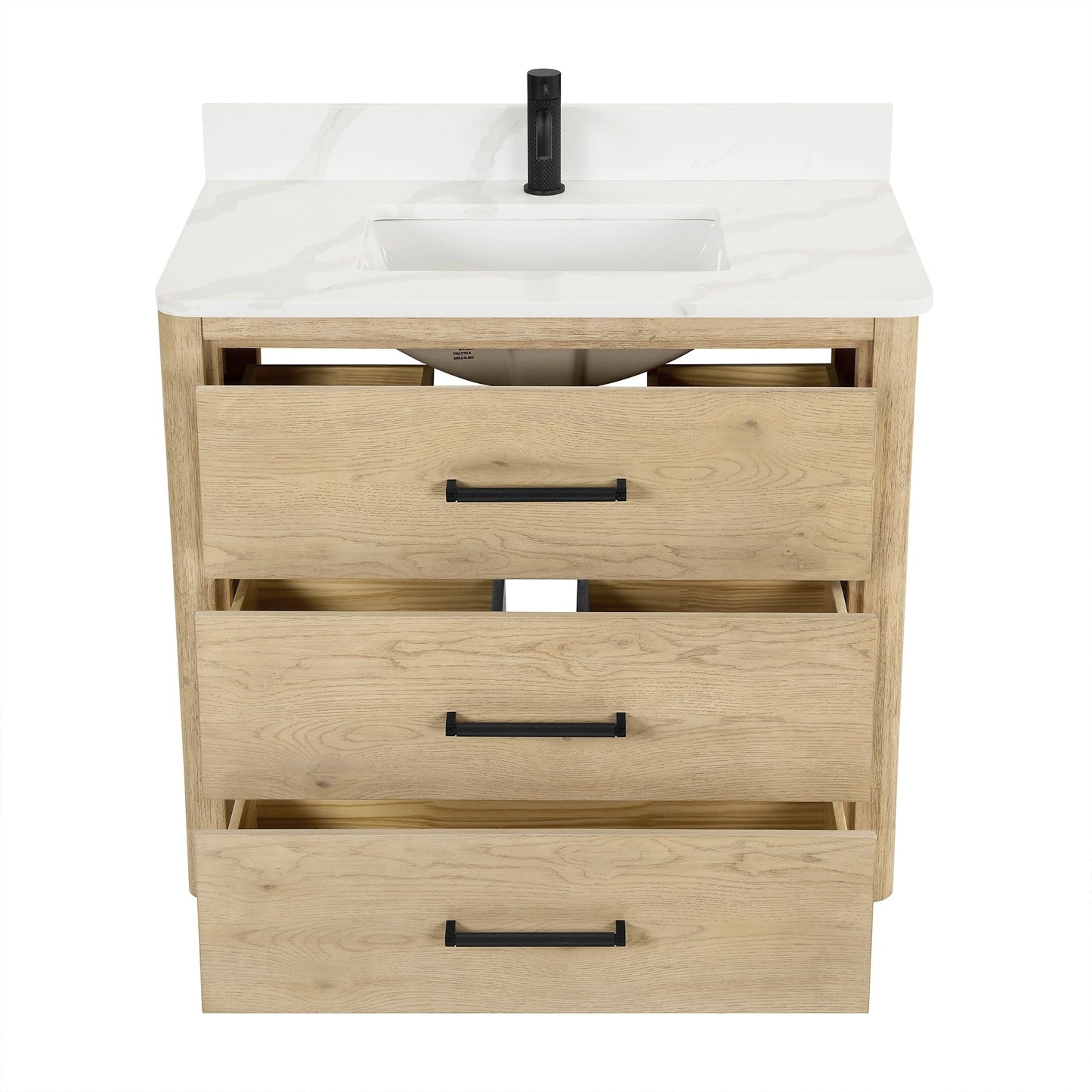 Meuble-lavabo Porto avec plan de travail en pierre de quartz blanche, sans miroir.