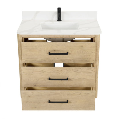 Meuble-lavabo Porto avec plan de travail en pierre de quartz blanche, sans miroir.