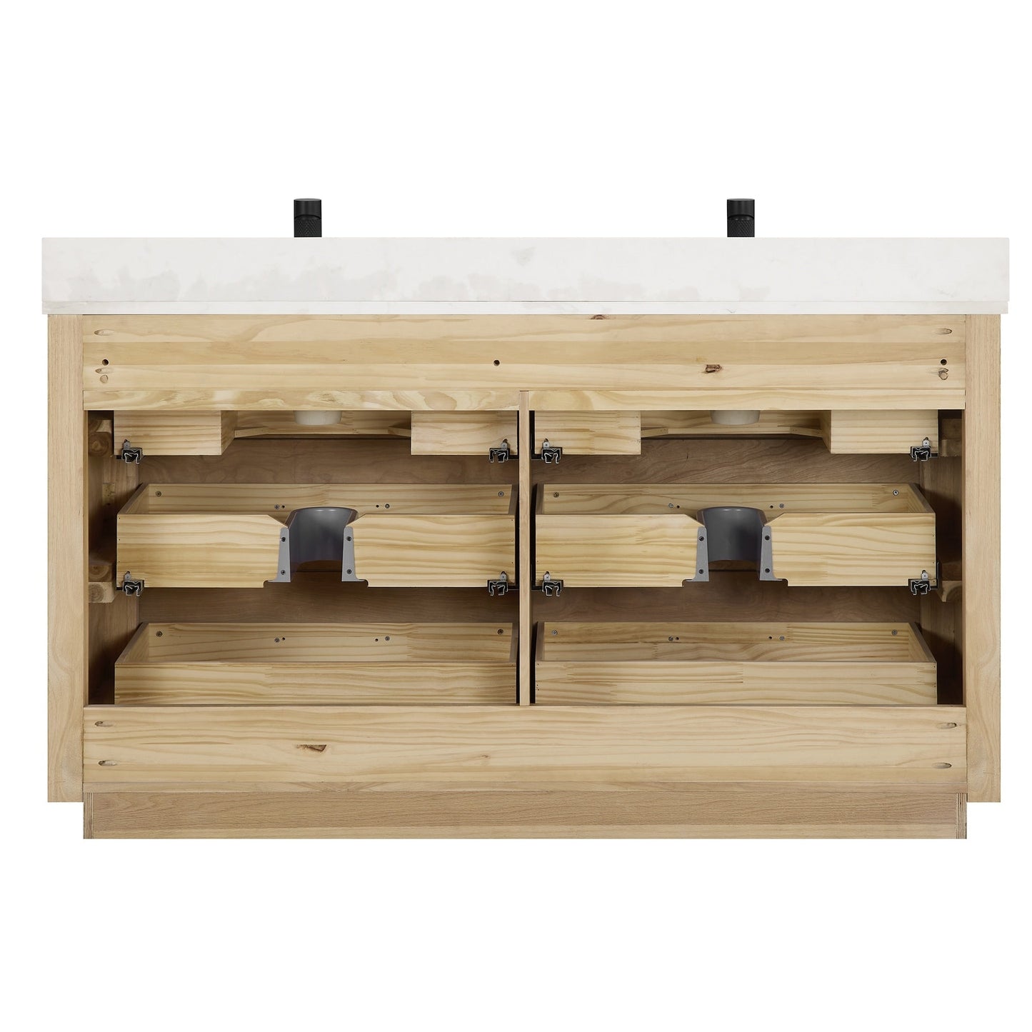 Meuble-lavabo Porto avec plan de travail en pierre de quartz blanche, sans miroir.