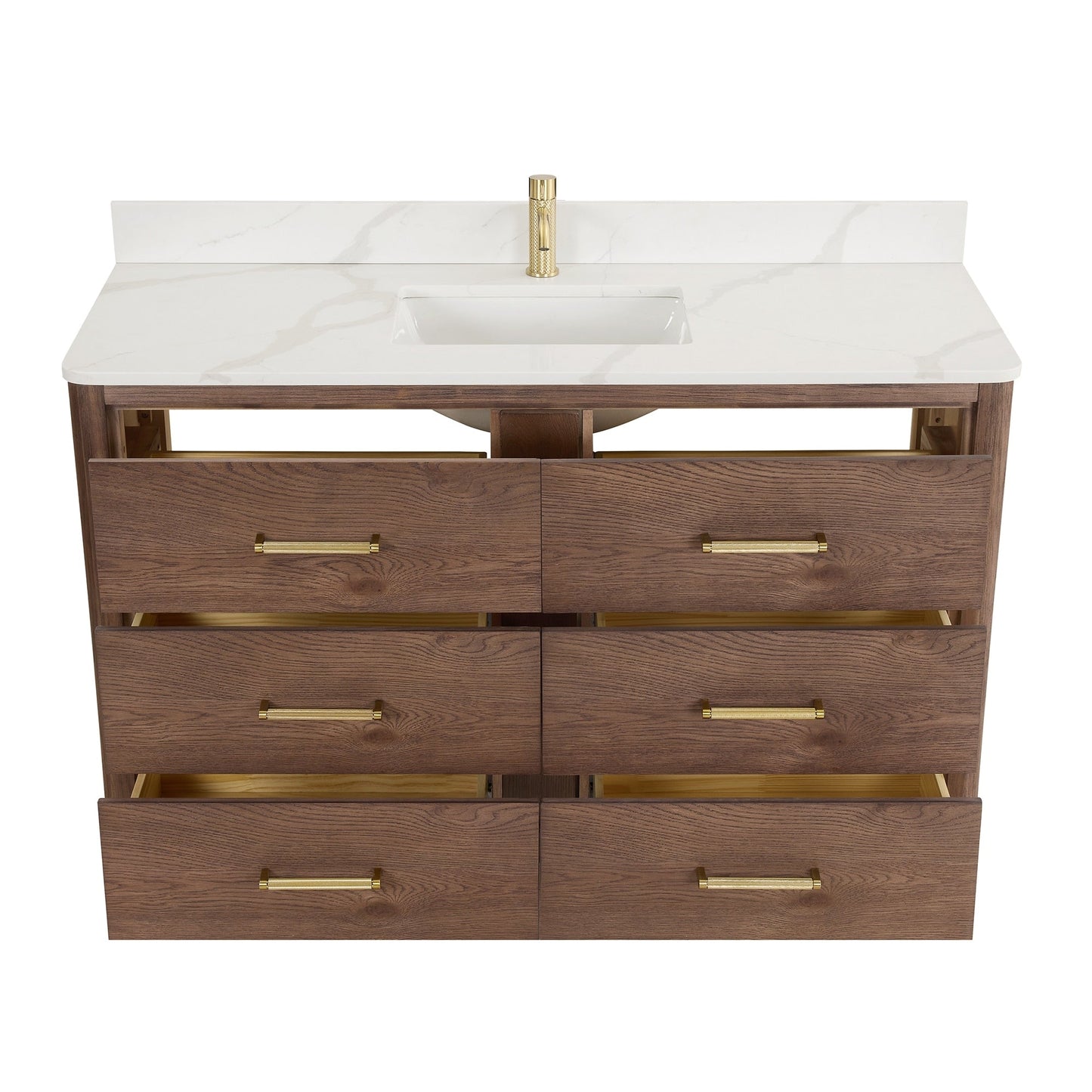 Meuble-lavabo Porto avec plan de travail en pierre de quartz blanche, sans miroir.