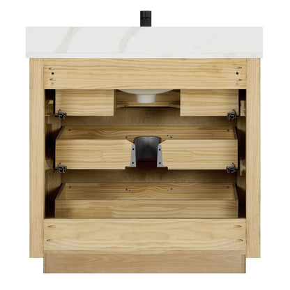 Meuble-lavabo Porto avec plan de travail en pierre de quartz blanche, sans miroir.