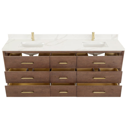 Meuble-lavabo Porto avec plan de travail en pierre de quartz blanche, sans miroir.