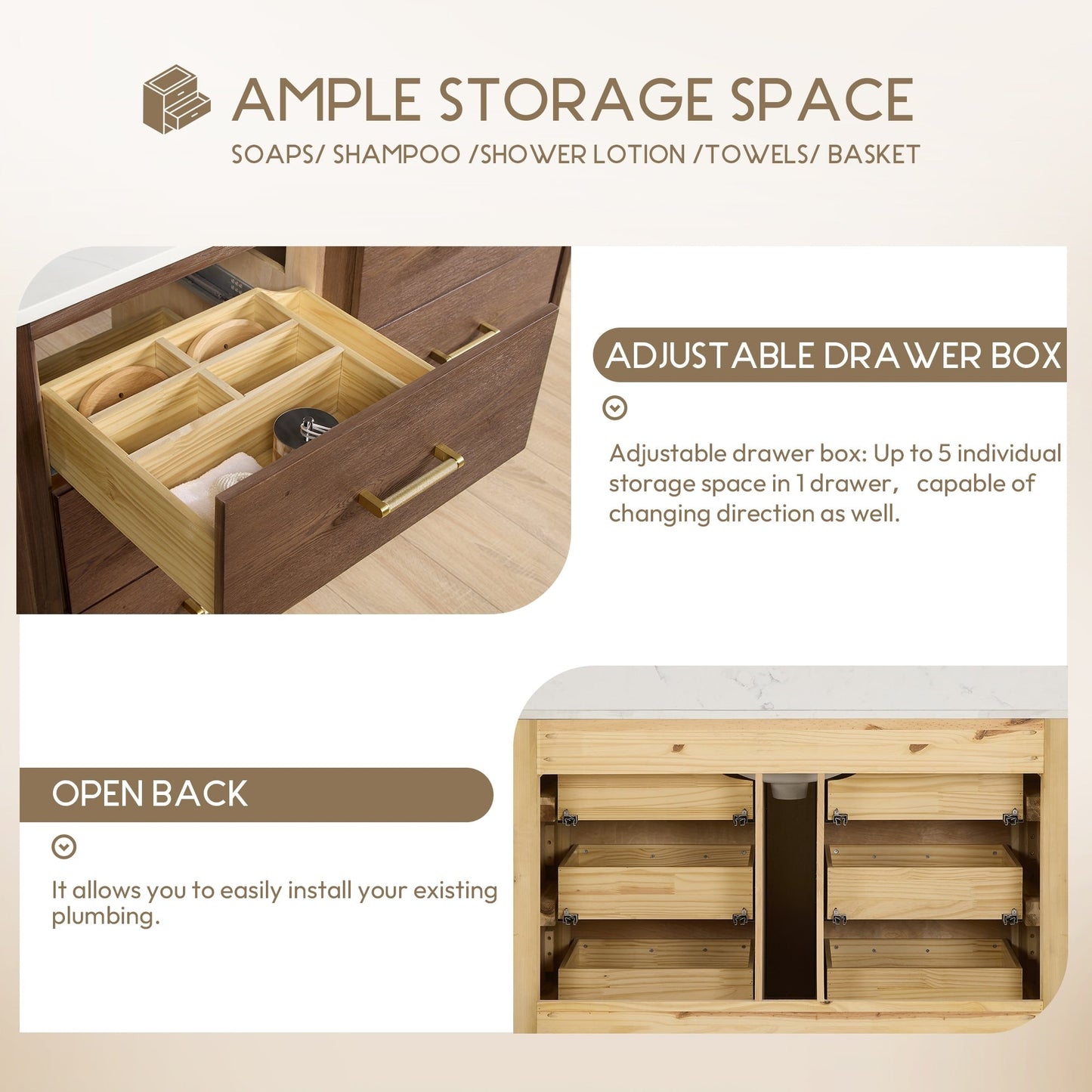 Meuble-lavabo Porto avec plan de travail en pierre de quartz blanche, sans miroir.