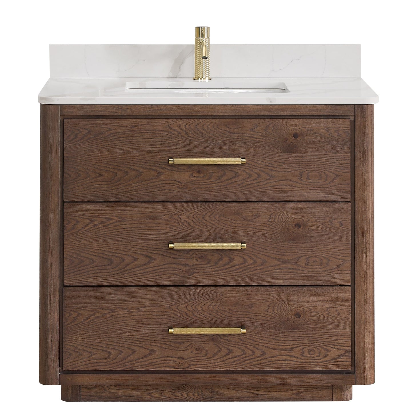 Meuble-lavabo Porto avec plan de travail en pierre de quartz blanche, sans miroir.